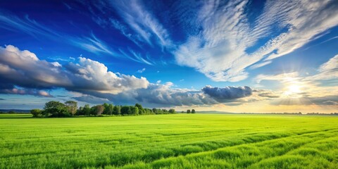 Serene landscape of lush green open field stretching towards horizon, contrasted with a brilliant blue sky, perfect as a background or copy space for designs.