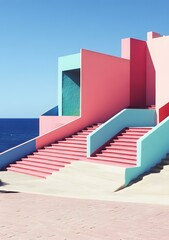 Poster - Pink and Blue Stairs Leading to Modern Architecture by the Ocean