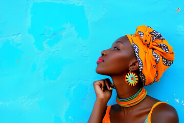 A woman wearing a colorful head scarf and earrings stands in front of a blue wall. Concept of cultural pride and confidence