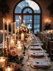 An illustration of a wedding reception table adorned with soft candlelight, surrounded by floral centerpieces