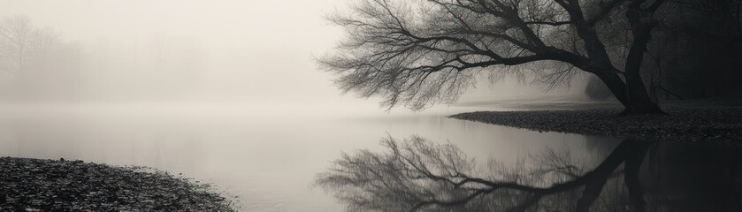 Aufkleber - A Single Tree Stands Tall in a Foggy Landscape, Its Reflection Mirroring Its Form in the Still Water