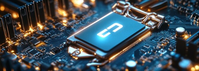Aufkleber - Close-up of a CPU Chip on a Motherboard with Glowing Lights