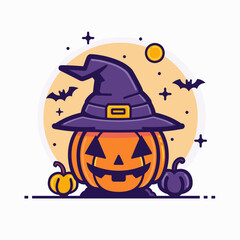 Halloween pumpkin with witch hat. Vector illustration in flat style.