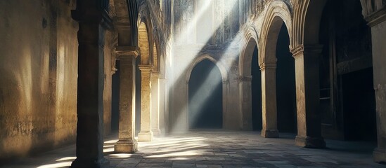 Wall Mural - Sunbeams Illuminating an Ancient Stone Hallway