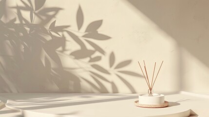 Poster - A serene beige table features a diffuser resting on it, surrounded by soft shadows created by the leaves nearby. Natural light enhances the calm atmosphere, inviting relaxation