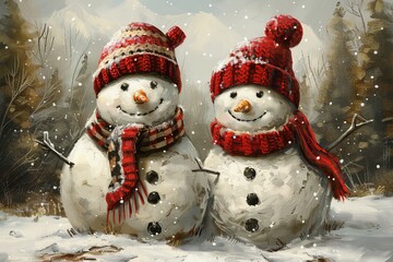 Two snowmen, wearing scarves and hats, stand in a winter landscape. The serene scene features snow-covered trees and bushes under a soft blue sky, creating a peaceful holiday ambiance.