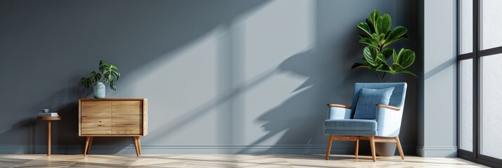 Wall Mural - Interior showcasing a gray wall, a blue armchair, and a wooden side table.