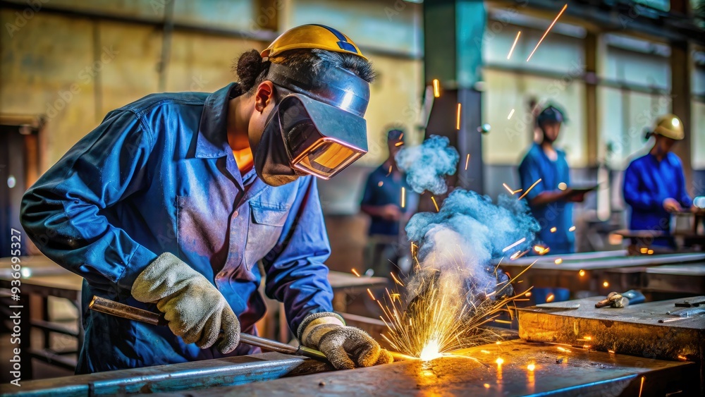 Learning Welding Skilled student learns welding techniques at a vocational training ...