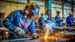 © Man888 - Skilled student learns welding techniques at a vocational training institute in India, surrounded by machinery and tools, with a focus on hands-on education.