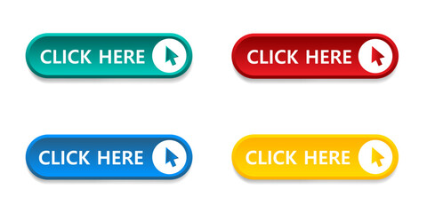 Click here arrow button click icon. Click here vector web button. Web button with arrow pointer action. Click here ui button concept. Vector illustration