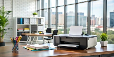 Sleek and modern inkjet printer sits on a sleek desktop in a busy office, surrounded by papers and office supplies, ready to produce quality documents.