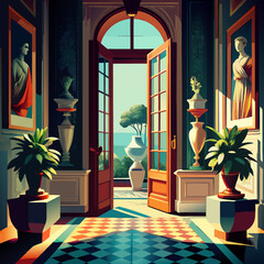 interior vintage room with doors and a bust of venus, vector illustration flat 2