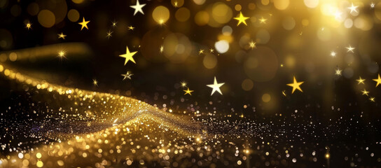 Wall Mural - Abstract holiday christmas festive golden, glittering, starry trail background with copy space, shiny stars, and bokeh lights