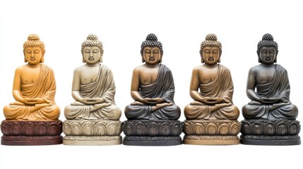 Five Different Colored Buddha Statues in Meditation Pose