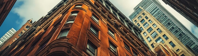 Aufkleber - Brick and Glass Buildings Reaching Upward in Urban Setting