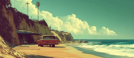 A Red Truck Parked on a Sandy Beach by the Ocean