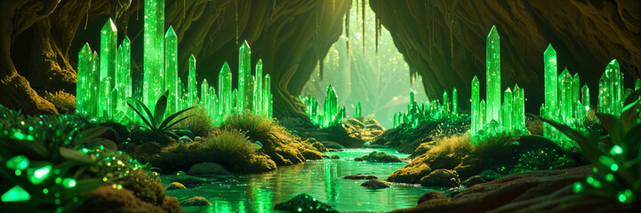 Wall Mural - Fantastical, underground cave filled with glowing green crystals and lush vegetation, creating a vibrant and mystical atmosphere.