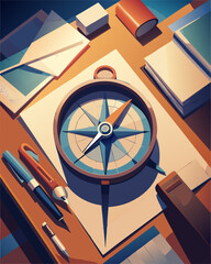 close up of compass on a desk with papers, vector illustration flat 2