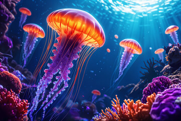 Wall Mural - Vibrant and colorful digital illustration of an underwater scene, featuring a large purple jellyfish surrounded by various coral formations and other sea creatures.