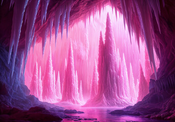 Wall Mural - Breathtaking scene of a cave with tall, slender pink stalactites and walls, illuminated by a soft glow that casts long shadows on the floor.