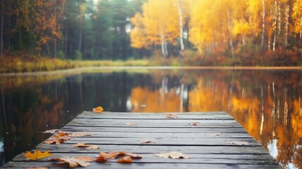 a serene autumn scene featuring a wooden dock overlooking a calm lake surrounded by trees with vibra