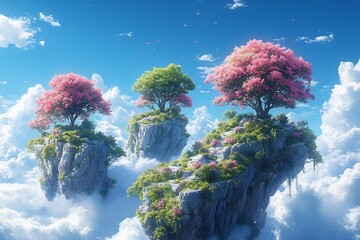 Wall Mural - Open sky filled with floating islands each one a hub of creativity and inspiration