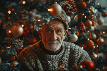 An elderly man with a warm smile sits among festive holiday decorations, highlighting the joy of Christmas.