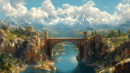 Wall Mural - Detailed illustration of bridge spanning wide chasm constructed with minimalistic design yet symbolizing strength and resilience visualizing how simplicity in engineering can achieve remarkable feats