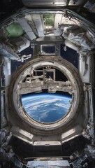 Sticker - Realistic view from the ISS, featuring Earth's blue-green globe through a circular window, the station's modules and panels in the background, with soft, diffused lighting and subdued tones