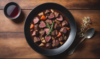 A black bowl filled with beef stew sits on a wooden table