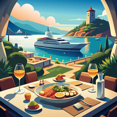 picture of dish for busines lunch on cruise ship only food without people, vector illustration flat