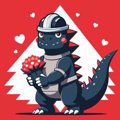 cute godzilla in a hard hat stands with flowers in her hand, vector illustration flat 2