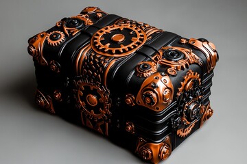 Aufkleber - A beautifully crafted steampunk treasure chest adorned with intricate gears and metallic accents, perfect for a vintage-themed setting.