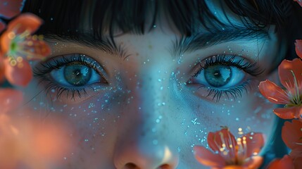 Poster - Close Up Portrait of a Woman with Blue Eyes and Flowers