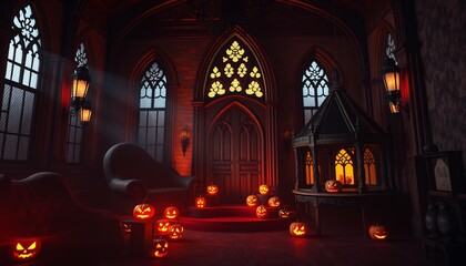 Spooky Halloween scene with glowing jack-o-lanterns in a gothic castle room.