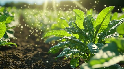 Wall Mural - Water drops irrigating a field of tobacco plants at sunset