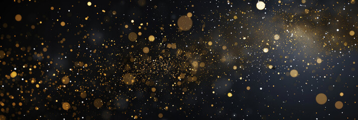 Wall Mural - Dark christmas background, gold starry sky, many golden particles floating in the air, top view, black background new years festive