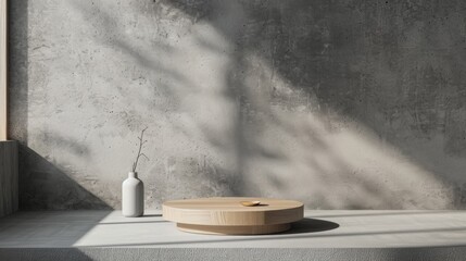 Poster - A wooden base rests on a concrete table, beautifully illuminated by natural light. A small vase with a delicate branch adds a touch of simplicity to the serene setting