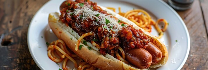 Poster - Spaghetti-filled Hot Dog in Tomato and Pork Sauce on a White Plate