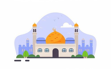 illustration featuring a crescent moon in the night sky above a mosque background image generative ai