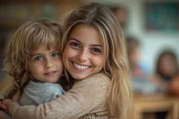 Warm moments of joy as children embrace their beloved nursery teacher in a cheerful classroom