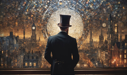 a man in a top hat stands in front of a painting depicting a city skyline