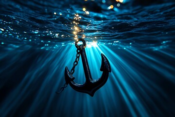 Poster - A captivating underwater view of an anchor submerged in deep blue water, illuminated by beams of light.