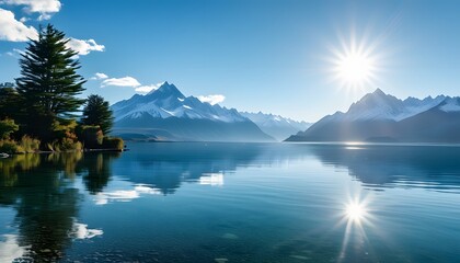 The clear lake water and the magnificent mountains complement each other, and the distant snowy mountains shine in the sun.