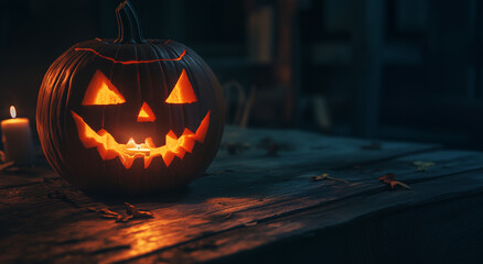 Glowing jack-o'-lantern on rustic table with copy space. Ideal for Halloween.