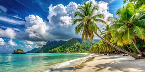 Tropical paradise beckons with swaying palm trees, pristine white sand, and turquoise waters under a bright cloudy sky on a sunny day at Beau Vallon beach.