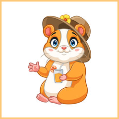 Poster - cartoon hamster relaxing wearing a hat and holding a glass of orange juice