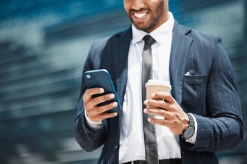 Aufkleber - Businessman, hands and coffee with smartphone in city for conversation with client, downtown and networking apps. Person, corporate employee and internet for professional communication with commute.