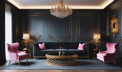 A black, gold, and pink living room features a black velvet sofa with pink throw pillows, a gold-rimmed glass coffee table, two pink velvet wingback chairs, and a crystal chandelier