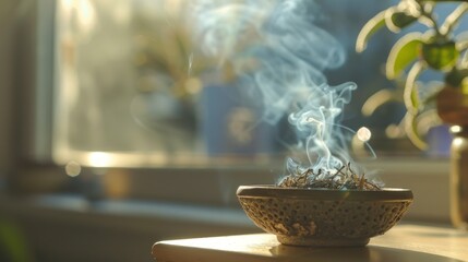 Poster - A soothing trail of smoke ascends from an incense burner placed on a table, illuminated by warm sunlight filtering through a window, enhancing the calm environment
